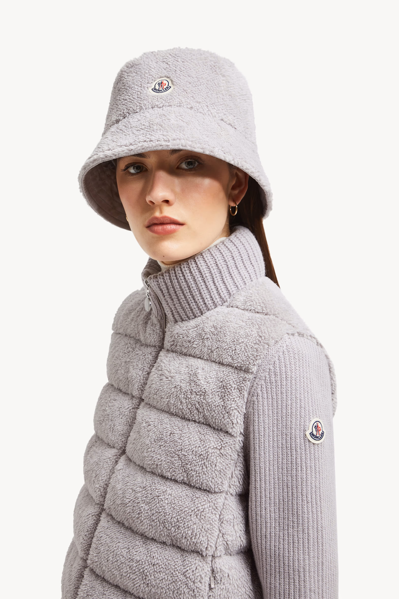 Cárdigan con cremallera acolchado de lana y tejido efecto peluche Mujer Gris Moncler 4